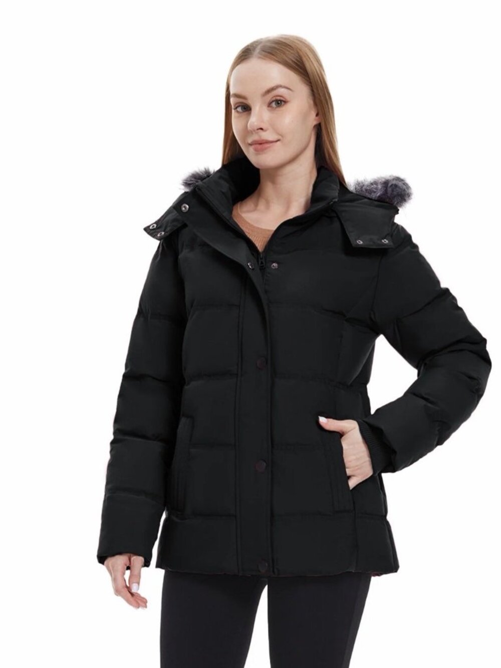 Women's Winter Puffer Jacket with Faux Fur Hood – Black, Size Large - Picture 3 of 8